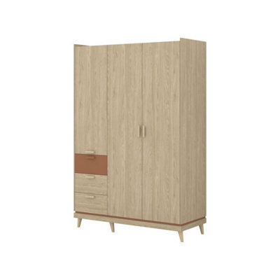 Arte Scandi Oak Oiled & Brick 3 Door Wardrobe - Stylish Contemporary Hinged Storage, Drawers & Rail W144 X H215 X D57Cm - image 1