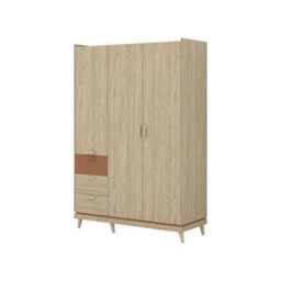 Arte Scandi Oak Oiled & Brick 3 Door Wardrobe - Stylish Contemporary Hinged Storage, Drawers & Rail W144 X H215 X D57Cm