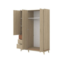 Arte Scandi Oak Oiled & Brick 3 Door Wardrobe - Stylish Contemporary Hinged Storage, Drawers & Rail W144 X H215 X D57Cm - thumbnail 2