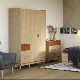 Arte Scandi Oak Oiled & Brick 3 Door Wardrobe - Stylish Contemporary Hinged Storage, Drawers & Rail W144 X H215 X D57Cm - thumbnail 4