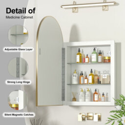 Keepreaper Sleek Metal Framed Arch Bathroom Mirror Cabinet Brushed Gold 51X76 Wall Mounted Bathroom Cabinet - thumbnail 6