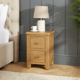 The Furniture Market Cotswold Rustic Smoked Oak Slim Bedside Table, Narrow 2 Drawer Nightstand, Solid Oak Frame, Bedroom Storage, Dovetail Drawers - thumbnail 2