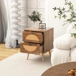 Rattan Bedside Table Wooden Nightstand 2-Drawer Solid Wood Legs - thumbnail 6