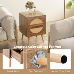 Rattan Bedside Table Wooden Nightstand 2-Drawer Solid Wood Legs - thumbnail 5