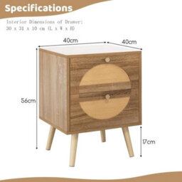 Rattan Bedside Table Wooden Nightstand 2-Drawer Solid Wood Legs - thumbnail 2