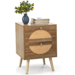 Rattan Bedside Table Wooden Nightstand 2-Drawer Solid Wood Legs - thumbnail 1