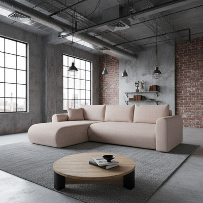 Universal Corner Sofa Bed With Storage Profiled Comfort Modern Fabric Left Or Right Hand 212 122Cm Sleeping Area Light Pink - image 1