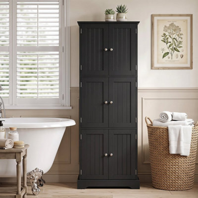 Black Tall Bathroom Storage Cabinet 6 Doors Adjustable Shelves - image 1