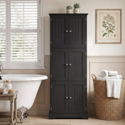 Black Tall Bathroom Storage Cabinet 6 Doors Adjustable Shelves - thumbnail 1