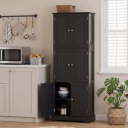Black Tall Bathroom Storage Cabinet 6 Doors Adjustable Shelves - thumbnail 4