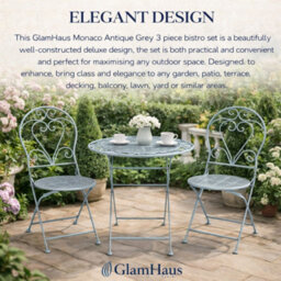 Glamhaus Garden Bistro Set 3 Piece Outdoor Metal Foldable Patio Balcony Furniture - Monaco Antique Grey - thumbnail 7