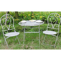 Glamhaus Garden Bistro Set 3 Piece Outdoor Metal Foldable Patio Balcony Furniture - Monaco Antique Grey - thumbnail 6