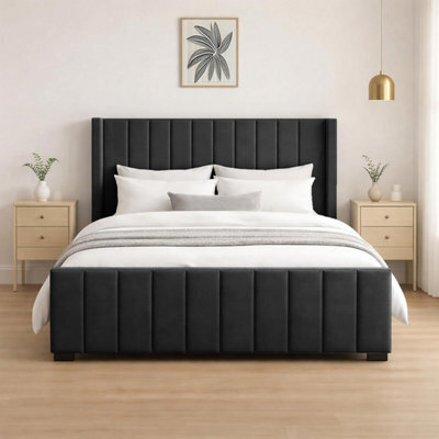 Naples Upholstered Black Vertical Line King Size Bed Frame, Modern Luxury Floor-Standing Headboard & Footboard - image 1
