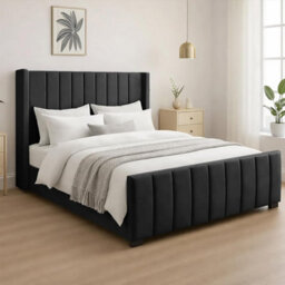 Naples Upholstered Black Vertical Line King Size Bed Frame, Modern Luxury Floor-Standing Headboard & Footboard - thumbnail 2
