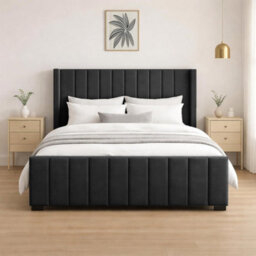 Naples Upholstered Black Vertical Line King Size Bed Frame, Modern Luxury Floor-Standing Headboard & Footboard - thumbnail 1