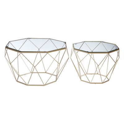 Orsina Geometric Set Of 2 Clear Glass Tables, Iron Frame Side Table By Couch, Champagne Finish Lounge Table - image 1