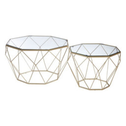 Orsina Geometric Set Of 2 Clear Glass Tables, Iron Frame Side Table By Couch, Champagne Finish Lounge Table - thumbnail 2