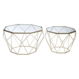 Orsina Geometric Set Of 2 Clear Glass Tables, Iron Frame Side Table By Couch, Champagne Finish Lounge Table - thumbnail 1