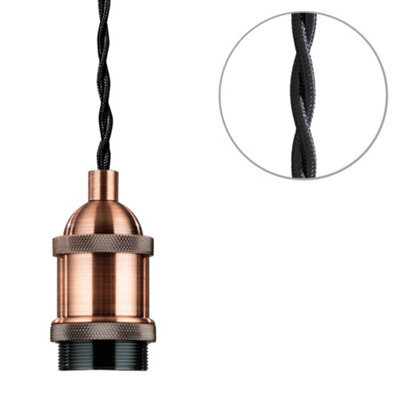 Litecraft Industrial Style Antique Copper Braided Black Cable Ceiling Pendant - image 1