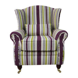 Wing Chair Handmade Fireside High Back Armchair Justin Stripe Lilac Real Fabric - thumbnail 2