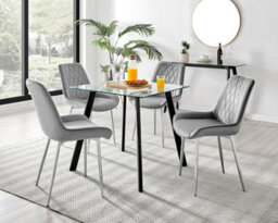 Furniturebox Seattle Scandi Inspired Glass And Black Metal Leg Square Dining Table & 4 Grey Pesaro Velvet Silver Leg Chairs