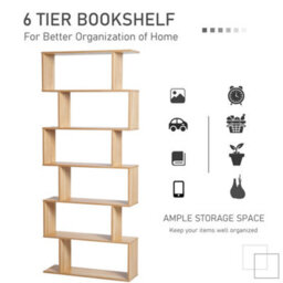 Homcom 6-Tier Wooden Modern S-Shaped Shelf Storage Unit Home Office Oak Colour - thumbnail 5