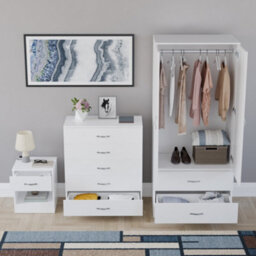 Lassic Vida Designs Riano 3 Piece Bedroom Set (1 Drawer Bedside Chest, 5 Drawer Chest, 2 Door 2 Drawer Wardrobe), White - thumbnail 2