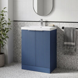 Balterley Tixall Fluted 2 Door Floor Standing Vanity Unit With Thin Edge Basin, Satin Blue, 600mm - thumbnail 2
