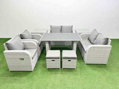Fimous 9 Pieces Outdoor Pe Rattan Sofa Reclining Chair Set With Cushions 2 Side Tables 2 Small Stools Light Grey - image 1