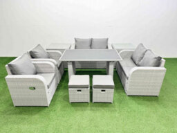 Fimous 9 Pieces Outdoor Pe Rattan Sofa Reclining Chair Set With Cushions 2 Side Tables 2 Small Stools Light Grey - thumbnail 1