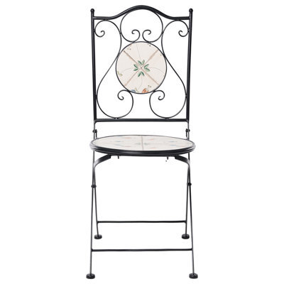 Wyld And Coco Garden Set Of 2 Folding Chairs Black Iron With Round Mosaic Ceramic Tile Flower Pattern - image 1