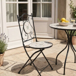 Wyld And Coco Garden Set Of 2 Folding Chairs Black Iron With Round Mosaic Ceramic Tile Flower Pattern - thumbnail 2