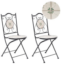 Wyld And Coco Garden Set Of 2 Folding Chairs Black Iron With Round Mosaic Ceramic Tile Flower Pattern - thumbnail 3