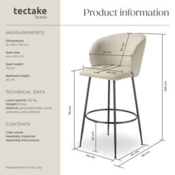 Tectake Bar Stool Luana - With Backrest, Velvet Look And Padded - Cream/black, Set Of 2 - thumbnail 6