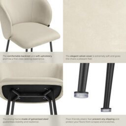 Tectake Bar Stool Luana - With Backrest, Velvet Look And Padded - Cream/black, Set Of 2 - thumbnail 5