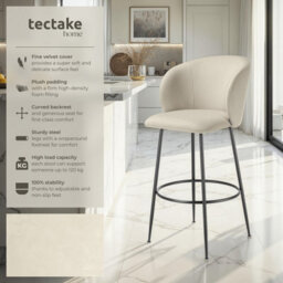 Tectake Bar Stool Luana - With Backrest, Velvet Look And Padded - Cream/black, Set Of 2 - thumbnail 2