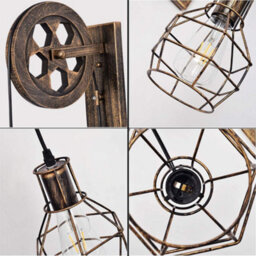 " Industrial Wall Light Loft Pulley Wheel Lamp Retro Wall Sconce Fixture E27 Wire Cage Brushed Copper With Bulb" - thumbnail 9