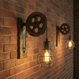 " Industrial Wall Light Loft Pulley Wheel Lamp Retro Wall Sconce Fixture E27 Wire Cage Brushed Copper With Bulb" - thumbnail 4