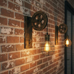 " Industrial Wall Light Loft Pulley Wheel Lamp Retro Wall Sconce Fixture E27 Wire Cage Brushed Copper With Bulb" - thumbnail 5