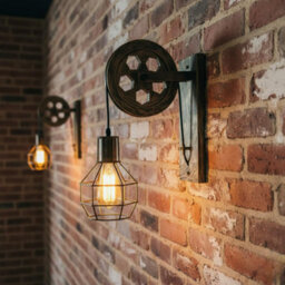 " Industrial Wall Light Loft Pulley Wheel Lamp Retro Wall Sconce Fixture E27 Wire Cage Brushed Copper With Bulb" - thumbnail 3