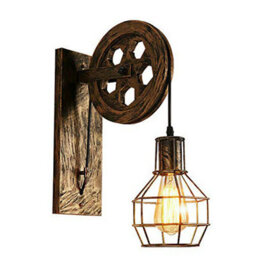 " Industrial Wall Light Loft Pulley Wheel Lamp Retro Wall Sconce Fixture E27 Wire Cage Brushed Copper With Bulb" - thumbnail 1
