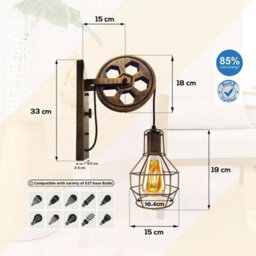 " Industrial Wall Light Loft Pulley Wheel Lamp Retro Wall Sconce Fixture E27 Wire Cage Brushed Copper With Bulb" - thumbnail 2
