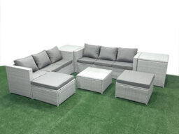 Fimous Rattan Garden Outdoor Furniture Set 8 Seater Rattan Garden Sofa Set 2 Big Stools 2 Side Tables Light Grey - thumbnail 2