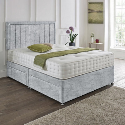 Dining Tables Cairo Matching Headboard Divan Set, 2 Drawer On Same Side With Sprung 1500 Comfort Mattress - Crushed Velvet Silver - Double - image 1
