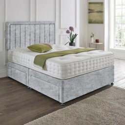 Dining Tables Cairo Matching Headboard Divan Set, 2 Drawer On Same Side With Sprung 1500 Comfort Mattress - Crushed Velvet Silver - Double - thumbnail 1