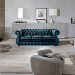 Chesterfield 3 Seater Antique Blue Leather Sofa Bespoke In Kimberley Style - thumbnail 2