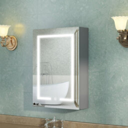 AVER-GROWTH Led Bathroom Mirror Cabinet 3 Colour Lights Dimmable Socket Demister Pad Touch/wall Switch Wall Mounted Cupboard Grey 40X70Cm