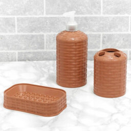 Urbn-Living Urbnliving 3 Pcs Rattan Colour Beige Bathroom Accessories Set Soap Dispenser Bar Soap Toothbrush Holder - thumbnail 2