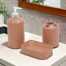 Urbn-Living Urbnliving 3 Pcs Rattan Colour Beige Bathroom Accessories Set Soap Dispenser Bar Soap Toothbrush Holder - thumbnail 7