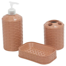 Urbn-Living Urbnliving 3 Pcs Rattan Colour Beige Bathroom Accessories Set Soap Dispenser Bar Soap Toothbrush Holder